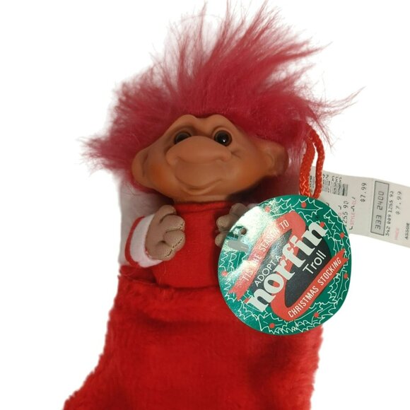 Vintage Norfin Christmas Troll In Plush Stocking Y1255 Red Hair 7.5-Inches - Picture 4 of 6